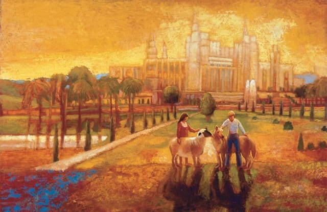 Temple landscape symbolizing Abraham, the Abrahamic covenant, and the Blessings of Abraham connected to Zion and covenant promises.