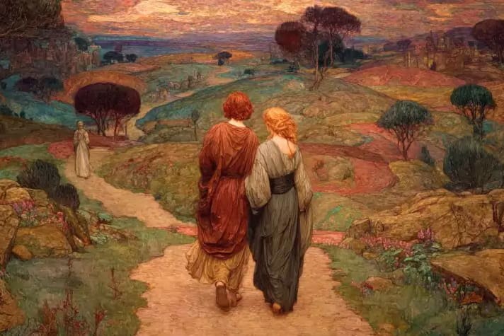 Adam and Eve walking a path symbolizing discernment of Authorized Messengers, prophets and apostles, and guidance of the Holy Ghost against deception.