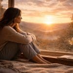 Woman looking at sunrise from window, symbolizing Hope in Jesus Christ and gospel hope anchored in the Atonement and Resurrection.