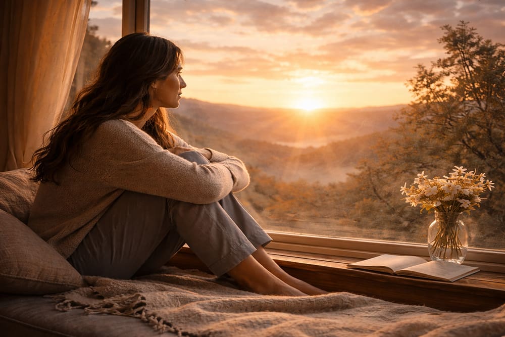 Woman looking at sunrise from window, symbolizing Hope in Jesus Christ and gospel hope anchored in the Atonement and Resurrection.