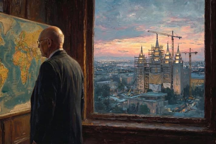 Church leader reflecting on global injustice and political neutrality as a temple rises, representing the Church’s worldwide mission and disciple-centered approach.