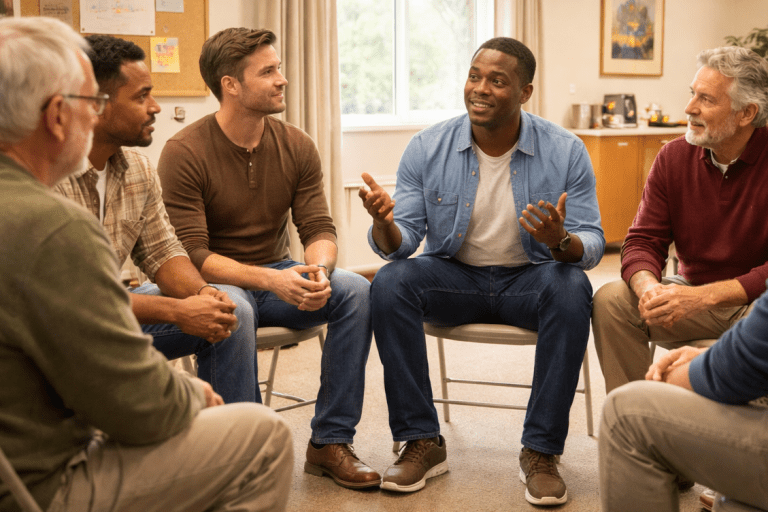 Men in a group counseling session practicing healthy feedback instead of criticism to support mental health and personal growth