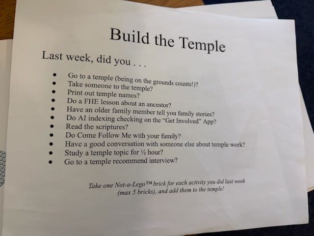 A “Build the Temple” checklist displayed in a Church foyer outlining weekly spiritual habits that help a Ward Family unite around Temple-centered goals and temple work.
