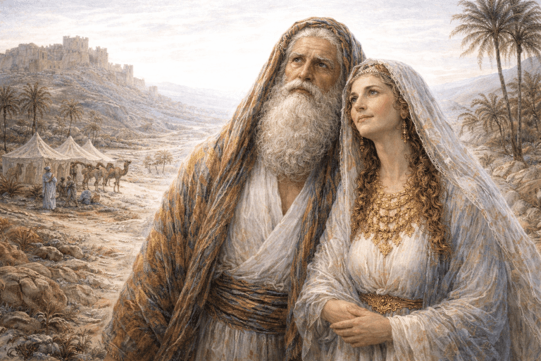 Abraham and Sarah in the promised land representing the Abrahamic covenant, Zion, and eternal marriage.