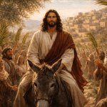 Jesus Christ enters Jerusalem on Palm Sunday during Holy Week as crowds wave palm branches, symbolizing Easter and the coming Resurrection.