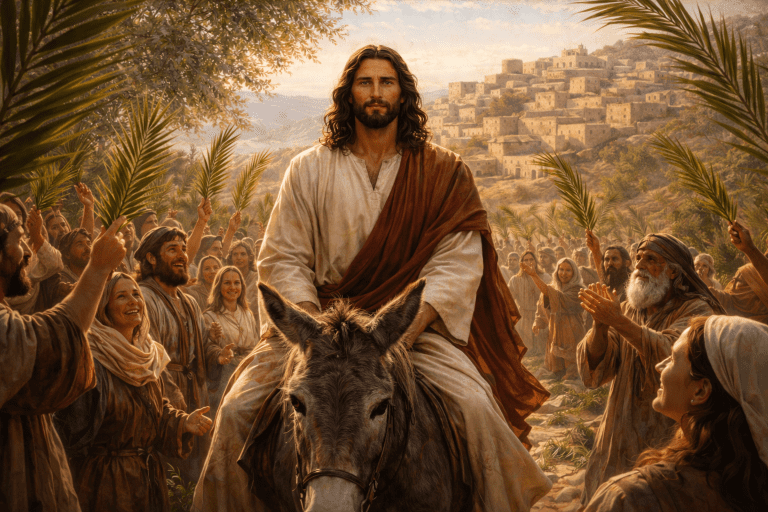 Jesus Christ enters Jerusalem on Palm Sunday during Holy Week as crowds wave palm branches, symbolizing Easter and the coming Resurrection.