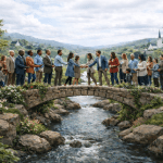 Community members from different political backgrounds shaking hands on a bridge, representing unity in Latter-day Saints and politics.