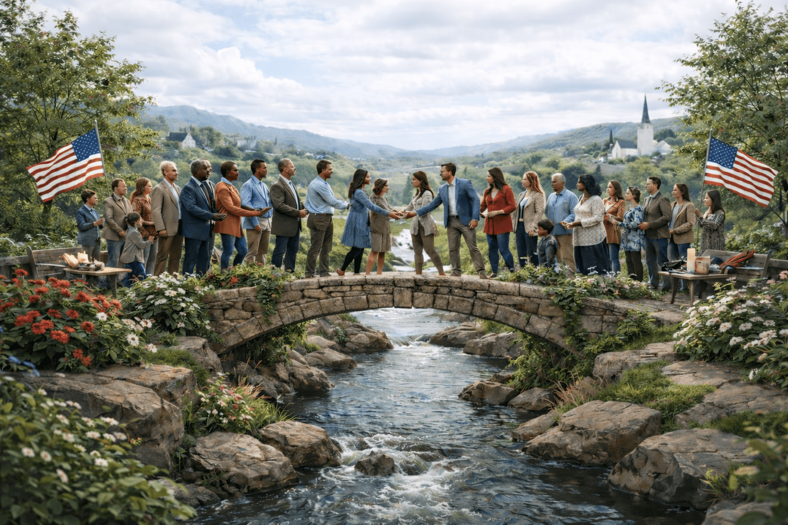 Community members from different political backgrounds shaking hands on a bridge, representing unity in Latter-day Saints and politics.