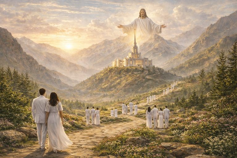 Couples walking toward a Latter-day Saint temple representing Genesis temple symbolism and covenant ascent.