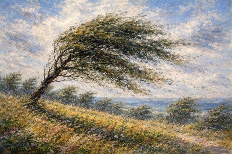 A tree bending in strong wind, representing a testimony that can bend during doubt yet still stand through faith, prayer, and service.