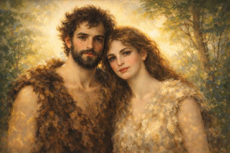 Adam and Eve wearing the Coat of Skins, representing the first endowment, temple symbolism, and God’s mercy following the Fall