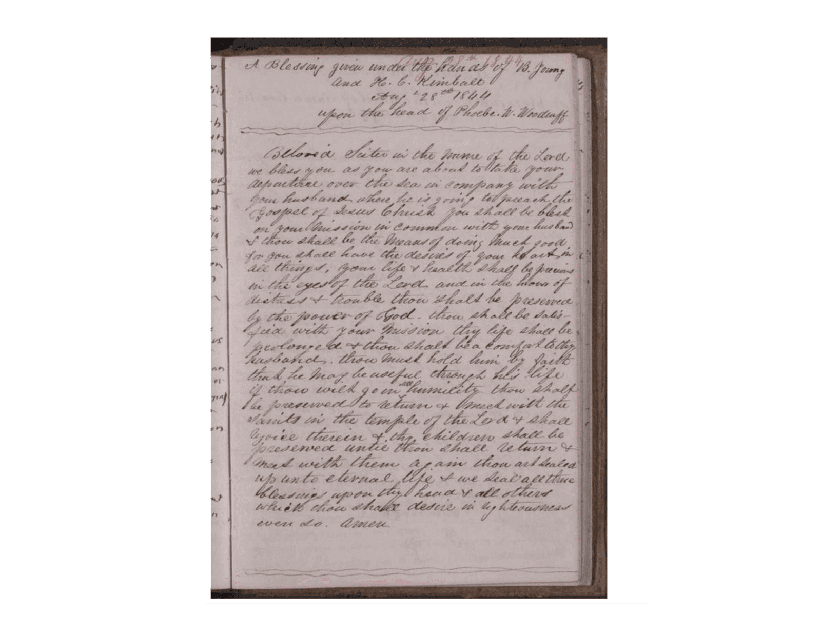 A handwritten journal page from Wilford Woodruff dated August 1844, documenting his preparations to leave Nauvoo for his second mission to England and his faith amid family sacrifice and illness.