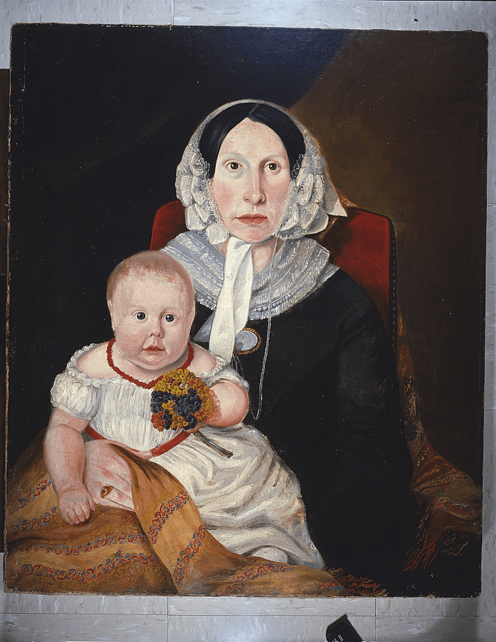 A painted portrait of Phebe Carter Woodruff holding her infant child, representing the family sacrifices made as Wilford Woodruff accepted repeated missionary assignments for the Church.