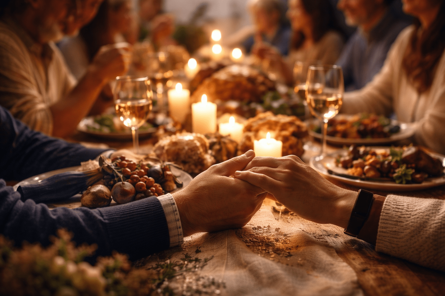 Family holding hands at candlelit dinner table with bread and wine, reflecting embodied God theology and sacrament symbolism