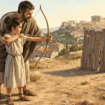 Archer teaching a child archery above Athens, symbolizing hamartia meaning, missing the mark, and repentance through Christ.