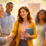 Christlike welcome at church as members warmly greet a woman, showing belonging, kindness, and the spirit of no one sits alone.