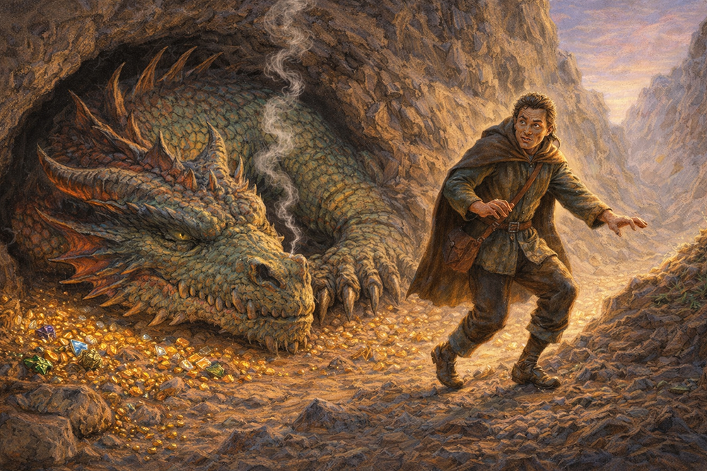 A man quietly passing a dragon guarding treasure, symbolizing sanctified imagination, re-enchantment, and sneaking past spiritual defenses to rediscover Gospel truth.