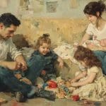 Parents and young children gathered on the floor, symbolizing parenthood as a sacred blend of struggle, joy, sacrifice, and eternal family commitment.