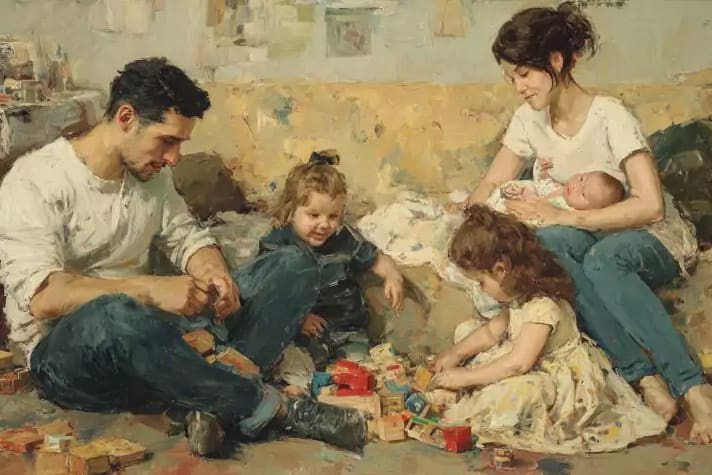 Parents and young children gathered on the floor, symbolizing parenthood as a sacred blend of struggle, joy, sacrifice, and eternal family commitment.