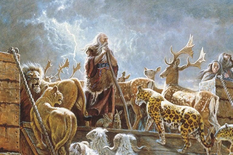 Noah on the ark during the Flood in Genesis, surrounded by animals, illustrating similarities between the biblical Flood and ancient Near Eastern flood stories.