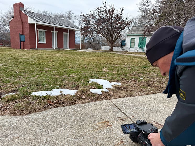 Filming historic Church buildings connected to Joseph Smith, documenting sacred locations central to Latter-day Saint history.