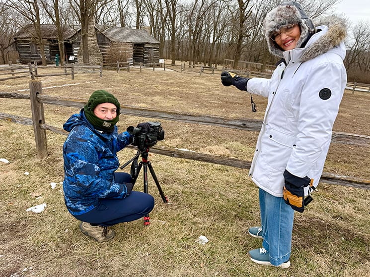 Maurine Proctor and a cinematographer film at a historic Joseph Smith site, enduring winter conditions to authentically portray Church history.