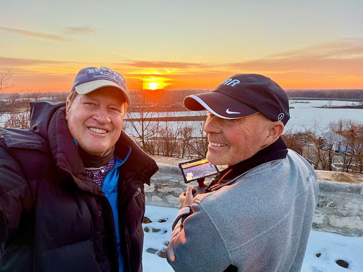 Scot Proctor and a cinematographer capture sunset footage overlooking a river valley tied to early Latter-day Saint history.