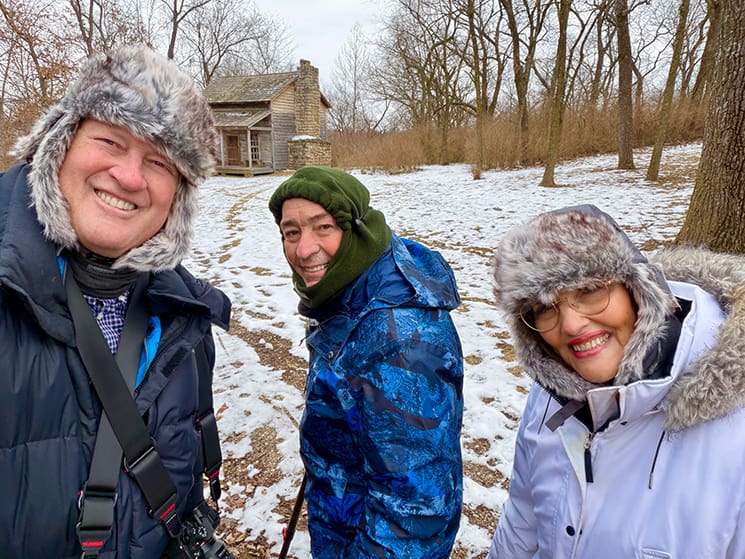 Scot and Maurine Proctor filming the Joseph Smith documentaries project during a winter shoot at an early Church history location