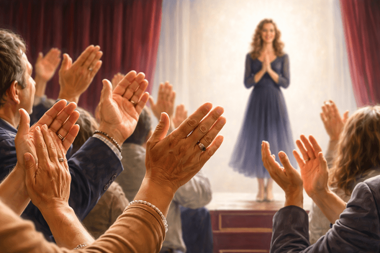 Audience applauding a woman on stage illustrating the temptation of seeking the praise of men instead of the praise of God.