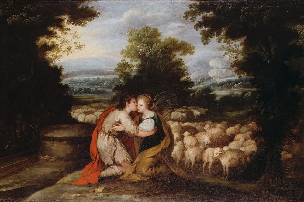 Jacob and Rachel meeting at the well with sheep in Genesis, illustrating God’s covenant blessings in the story of Jacob and Rachel.