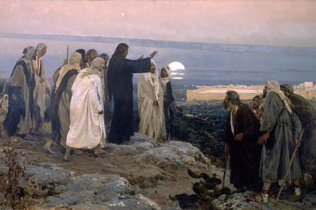 Jesus overlooking Jerusalem with His disciples, symbolizing compassion and self-restraint in times of conflict and war.