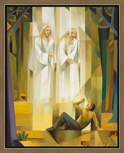 A stylized sacred painting by Argentine Latter-day Saint artist Jorge Cocco Santángelo depicting the First Vision, where God the Father and Jesus Christ appear to the young Joseph Smith in a grove of trees. The image visually represents the article’s themes of humility, divine compassion, and Self-Restraint, which the author discusses through scripture such as the Book of Mormon, Ezekiel, and Jonah while reflecting on modern conflict involving the Iranian Navy and the Strait of Hormuz.