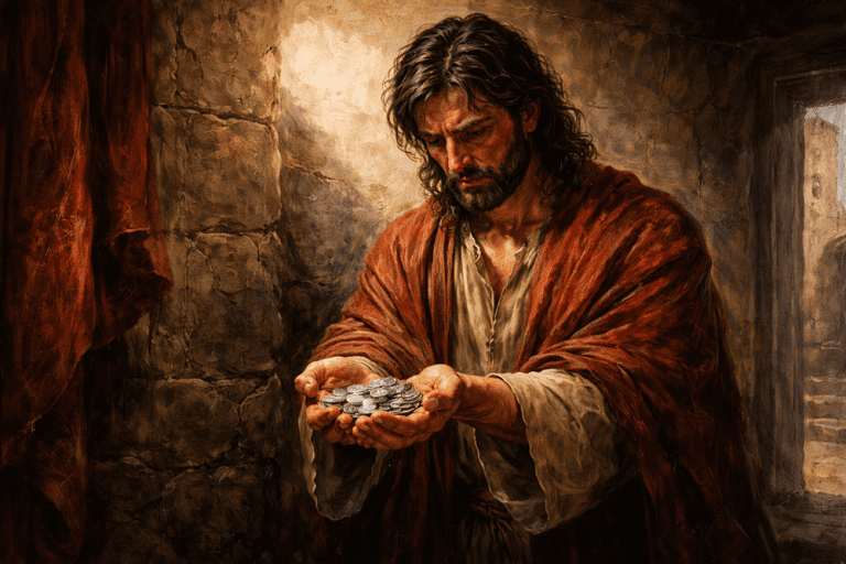 Judas Iscariot holding thirty pieces of silver betrayal of Jesus Atonement Garden of Gethsemane