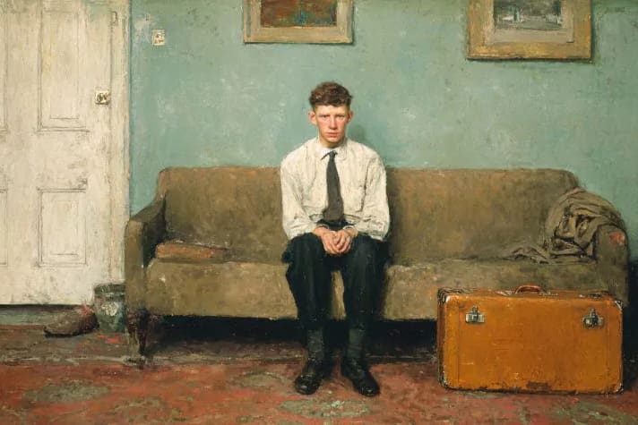 Young missionary sitting beside suitcase after an early return from mission, representing early-returned missionaries and post-mission adjustment.
