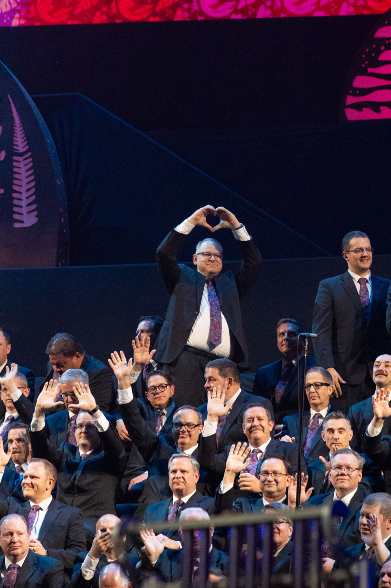 Members of the Tabernacle Choir acknowledge the audience during a concert on the “Songs of Hope” tour in São Paulo, Brazil.