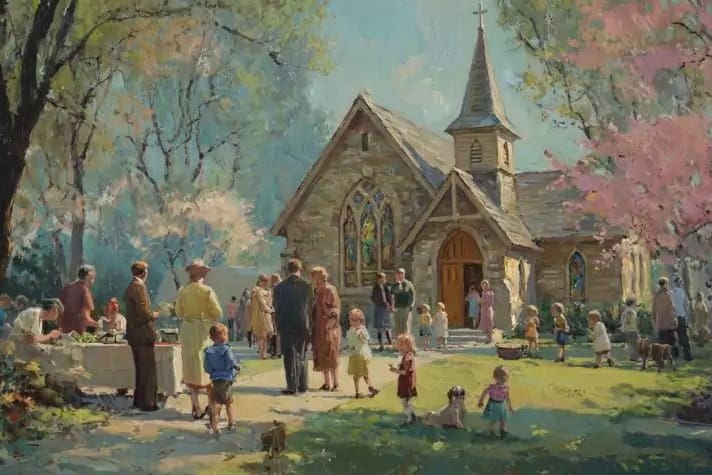 People gathering outside a church representing organized religion, community worship, and loving God by loving others in the spiritual vs religious discussion.