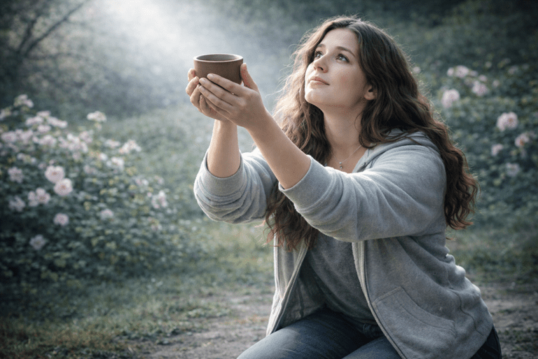 woman holding empty cup coming to Christ Holy Week spiritually empty widow’s mite offering