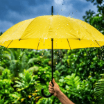 Yellow umbrella in rain representing a backup plan and trusting the Lord during uncertainty