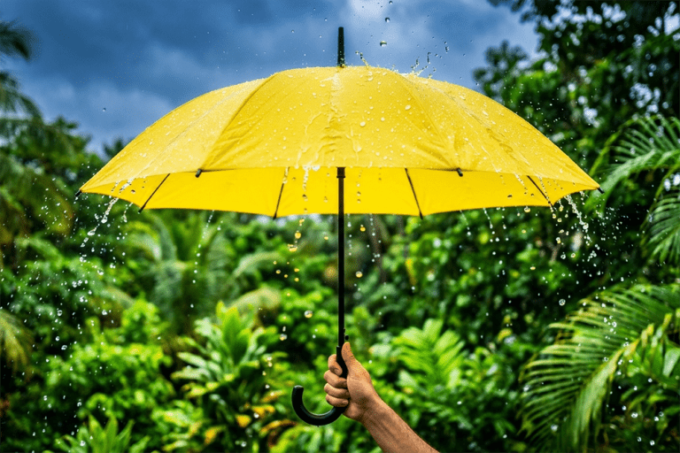 Yellow umbrella in rain representing a backup plan and trusting the Lord during uncertainty