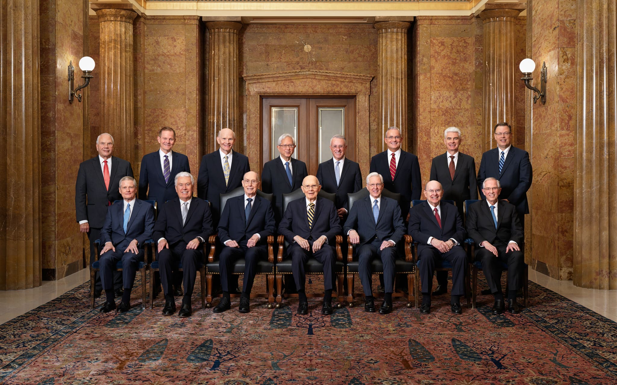 First Presidency and Quorum of the Twelve Apostles with Elder Clark G. Gilbert in the Church Administration Building, official 2026 leadership photo