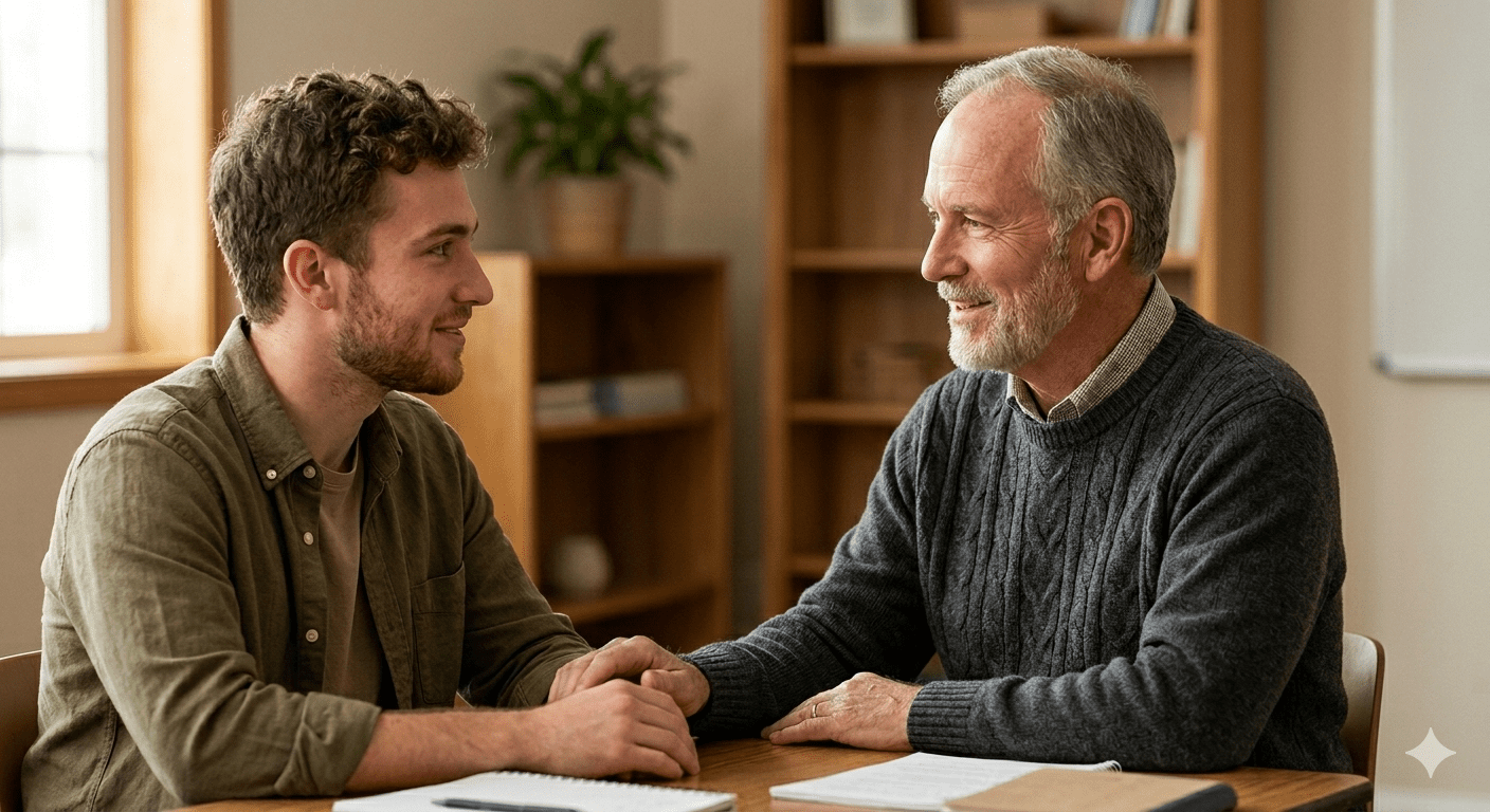 Church leader practicing Validation with young member to encourage spiritual growth in LDS family setting.