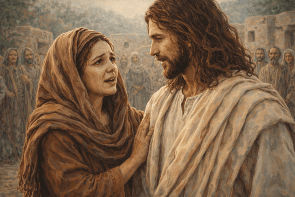 Mary meets Jesus near Bethany, expressing grief over Lazarus’ death as Christ prepares to demonstrate His power before the triumphal entry into Jerusalem.