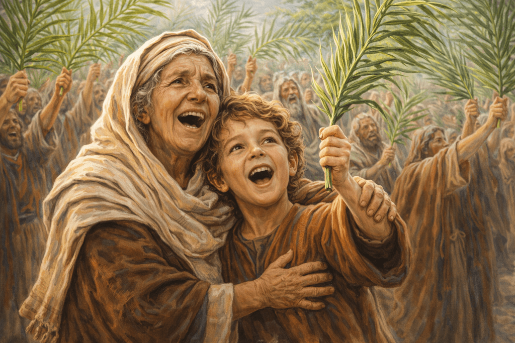 A joyful crowd waves palm branches and shouts hosanna, celebrating Jesus Christ as the Messiah during His triumphal entry into Jerusalem on Palm Sunday.