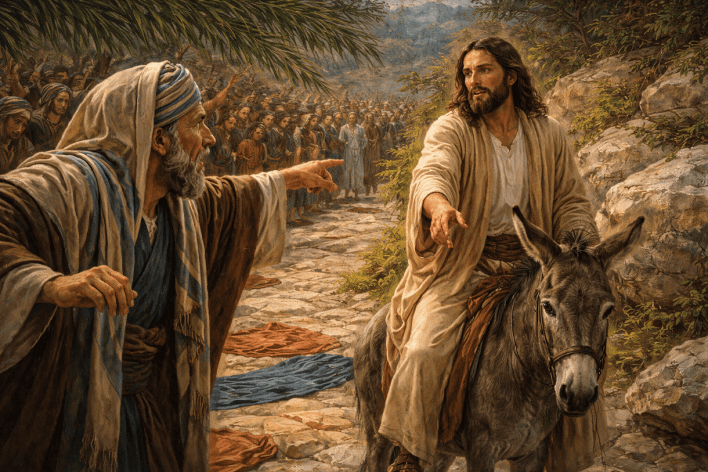 Jesus rides a donkey toward Jerusalem as part of the triumphal entry, symbolizing peace, while onlookers react to His growing influence and authority.