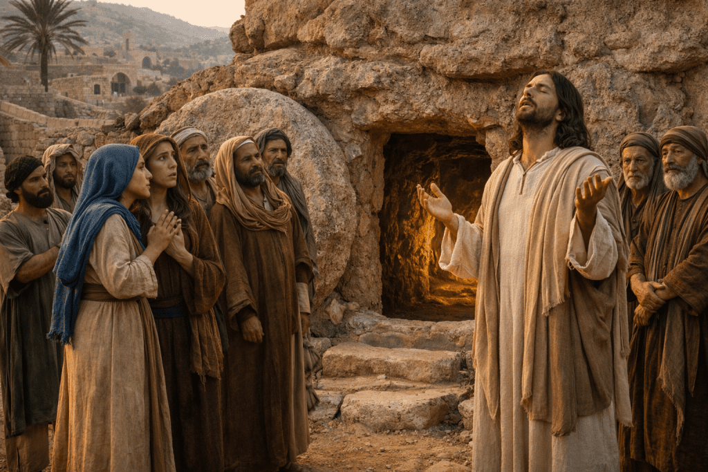 Jesus stands before the tomb of Lazarus in Bethany, offering prayer before calling him forth, a defining miracle leading to the events of the triumphal entry.