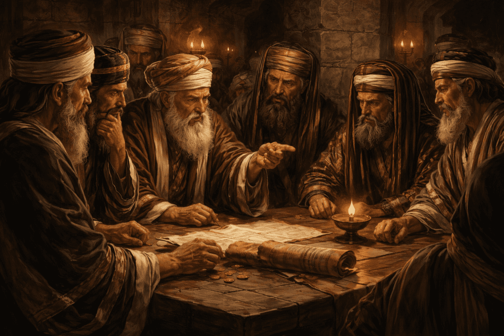 Pharisees and religious leaders gather in secret, conspiring against Jesus after the miracle of Lazarus, setting the stage for the events following the triumphal entry.