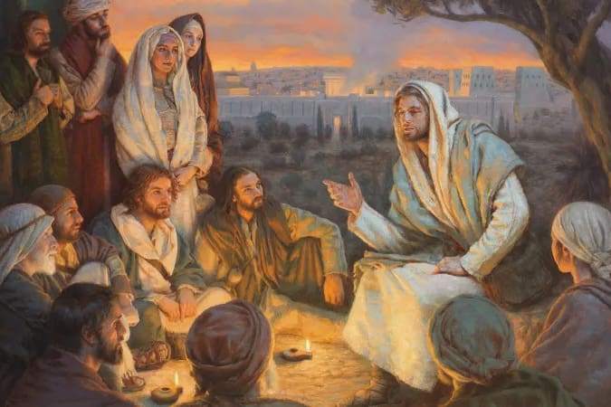 Jesus Christ teaching disciples near Jerusalem during Holy Week, symbolizing Lent preparation and the Resurrection of Jesus Christ at Easter.