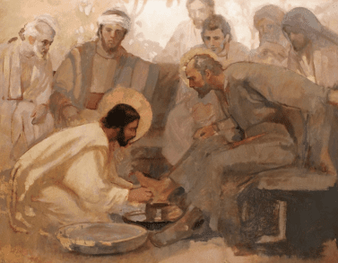 Painting of Jesus Christ washing the disciples’ feet, representing humility and service during Holy Week before His crucifixion and Resurrection.
