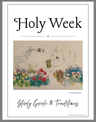 A Holy Week study guide designed to help families prepare for Easter through scripture study, reflection, and traditions focused on the Resurrection of Jesus Christ.