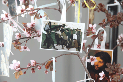 An Easter tree decorated with images representing events from Holy Week, a family Easter tradition designed to help children learn about Jesus Christ and His Resurrection.